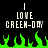 Pixelated text reads 'I LOVE GREEN-DAY' above green flames on black background, with visible pixelation in the letters and flame shapes.