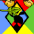 Animated pixel art of a green goblin-like creature with brown accents, red boots, and a yellow gem on its chest, set against a red, blue, green, and yellow diamond-patterned background.