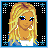 Pixelated cartoon-style icon of a blonde woman with blue eyes and white earrings against a black background with light blue star and dot patterns, framed by a solid light blue border.