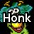 Animated pixel art of a green cartoon character with blue hair and yellow accents, displaying 'Honk' text in white over its face against a black background.