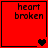 Red square with black text 'heart broken' and pixelated heart symbols changing across four