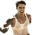 Pixelated image of a person in a white tank top with visible tattoos on arms and chest, standing against a plain background.