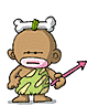 Caveman character with bone on head, green-and-yellow striped loincloth, pink arrow prop; two states show closed mouth and open mouth with sweat.