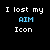 Black background with white and blue pixelated text reading "I lost my AIM Icon" in three separate sections, one section partially obscured by a gray rectangle.