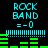 Pixelated cyan text "ROCK BAND" above cyan "=-0" and cyan horizontal bars, with green vertical bars shifting positions