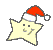 Two pixelated star-shaped figures wearing red Santa hats with white trim, one yellow and one light blue, against a gray background.