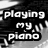 Black-and-white pixelated image with text "playing my piano" on left and two "<3" symbols on right, featuring horizontal motion blur effects.