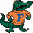 Green alligator wearing orange sweater with blue F, standing in profile facing right on white background.
