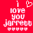 Red background with white pixelated text reading "i love you jarrett" and a heart symbol above the 'i', plus six small hearts below.