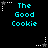 The Good Cookie text in cyan pixelated font on black background with white star and gray dot decorations.