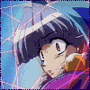Anime character with dark hair and red eyes in a purple outfit, shown across of animation