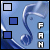 Blue and white abstract background with three square icons and vertical text 'FAH' on the right.