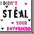A 3x2 contact sheet of six animated frames showing a pixelated text-based icon with pink and black lettering on white background, each frame displaying the phrase "I DIDN'T STEAL YOUR BOYFRIEND" with small heart symbols.