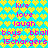 Pixelated icon with cyan background and yellow heart pattern, displaying repeated pink text phrases in a
