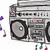 Animated sequence of a silver boombox with black speakers, pink control lights, and green musical notes floating below it.
