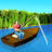 A pixelated animation of a person fishing from a small wooden boat on blue water, with green reeds in the background under a clear sky.