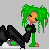 Pixel art contact sheet showing two frames of an animated buddy icon with a green-haired character and text reading "I am a green monster" on a gradient background.