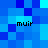 A pixelated blue background with four instances of the text 'muir' in black, positioned at top-left, top-right, bottom-left, and bottom-right corners
