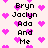 Pixelated text listing names and 'And Me' with pink heart symbols on a light background.