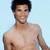 A pixelated image of a shirtless person with dark hair against a light blue background, next to text blocks on brown and gray