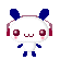 Pixelated character with white body, blue limbs and ears, red headphones, pink cheeks, and a smiling mouth; show static pose versus animated musical notes