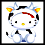 Hello Kitty character in cow costume with blue horns, yellow ears, red stripe on forehead, and black-and-white body.