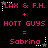 Pixelated text displays 'LAX & F.H. + HOTT GUYS = Sabrina' with alternating star and dot decorations on a black background.