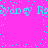 Pixelated cyan text repeats across a bright pink background with scattered cyan dots forming an animated pattern.