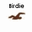 Pixelated image with 'Birdie' text above a brown bird-like shape on white background.