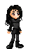Pixel art character with long black hair and dark clothing in multiple poses against gray background.