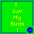 Green square icon with yellow text "I Luv My Buds !" and blue Pac-Man-like symbol in bottom-right corner, four identical frames shown as static