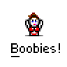 Animated contact sheet of a pixel art character in red outfit with repeated "Boobies!" text across multiple frames showing pose variations and one frame with exaggerated chest detail.