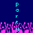 Pixelated cyan text 'Party' vertically aligned on both sides of a dark blue background with pink and purple pixelated shapes below.