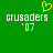 Green background with white pixelated text 'crusaders' and ''07', a yellow heart symbol above the left text block.