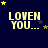 Dark blue background with yellow text reading "LOVEN YOU..." and scattered stars in yellow and gray.