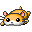 Pixelated orange hamster with pink ears and black eyes lies on gray background, head turned right in first frame, left side visible in second frame.