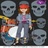 A pixelated figure with red hair and gray clothing stands among four skull icons on a dark background, holding white objects in both hands.