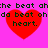 Four red heart shapes on a bright pink background with pixelated text above each heart reading 'the beat akhe beat ah da beat ohda beat oh heart.'