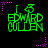 Green pixelated text 'EDWARD MULLEN' with '16' above, surrounded by pink stars and dotted lines on black background.