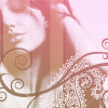 A static icon shows a woman with long brown hair in a side profile, wearing a white lace garment with brown scrollwork, against a pink and white striped background.