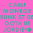 A static image with cyan text on a bright pink background showing repeated of 'CAMP MONROE BUNK 57 OETH 08 JORDIE' followed by varying arrow symbols