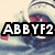 Pixelated image with bold white text 'ABBYF2' on black background, overlaid on blurred anime-style character with pink and blue tones.