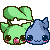 Four 50x50 pixel animated frames of two cartoon characters in a contact sheet layout, showing subtle expression changes between green and blue figures with leaf-like ears.