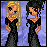 Pixel art of two women in black dresses against a purple background with text reading 'all the things she said' and 'running through my head'.