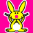 Pixelated yellow cartoon bunny with black and white outlines on solid pink background, static single-frame icon.