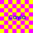 Yellow and pink checkered background with four instances of the text 'Cayla' in blue, each with a different surrounding pattern