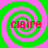 Four identical spiral patterns with alternating green and pink rings, each containing red text reading 'claire' in a stylized font.