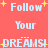 Pixelated text on coral background with yellow stars, repeating 'Follow Your DREAMS!' in light blue letters across two identical layouts