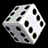 A contact sheet of 10 animated frames showing a white die with black dots rotating against a black background, arranged in a 4x3 grid with one empty gray cell.
