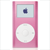 Pixelated pink device with light blue screen displaying dark blue square icon and white circular control below.